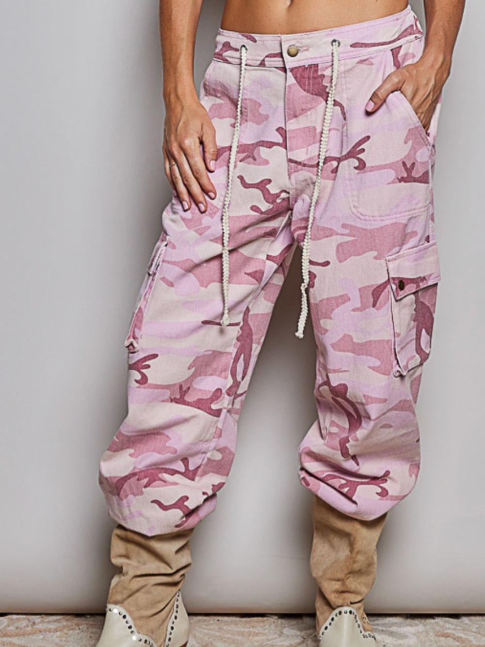 POL Blush Pink Camo Print Stretchy Waist Cotton Jogger Pants